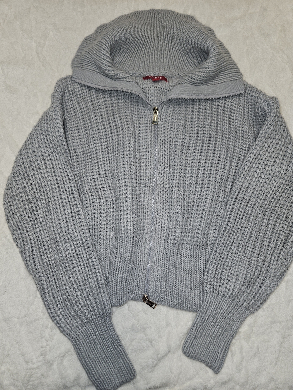 Guess Light Gray Zip-Up Chunky Turtleneck Sweater